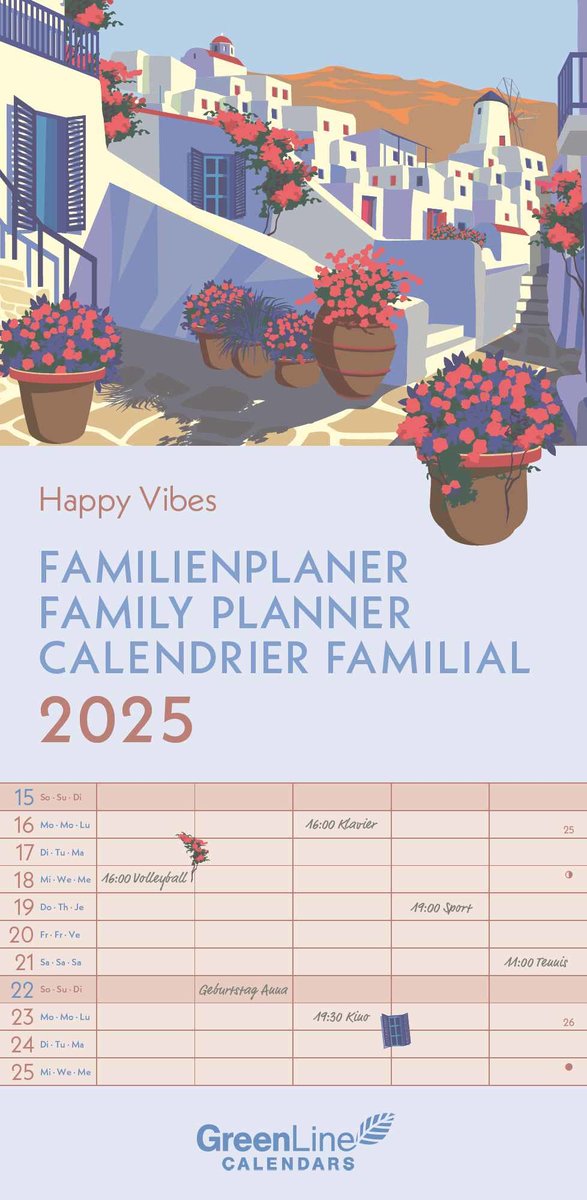 GreenLine - Happy Vibes 2025 Familienplaner, 22x45cm, Familienkalender mit effizienter Monatsaufteilung in 5 Spalten, für Familienorganisation, Schulferien und Stundenpläne, mit Spiralbindung