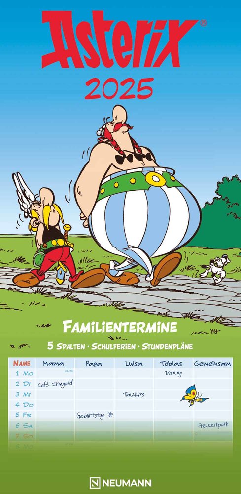 NEUMANN - Asterix 2025 Familienplaner, 22x45cm, Familienkalender mit 5 Spalten für Termine und Notizen, schöne Illustrationen, Stundenpläne, Schulferien und deutsches Kalendarium