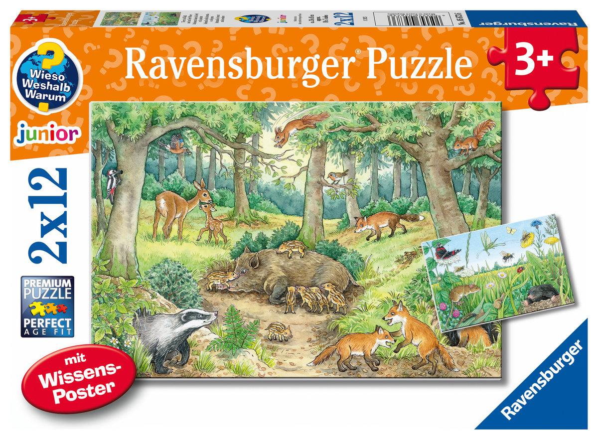 Ravensburger Kinderpuzzle - 05673 Tiere im Wald und auf der Wiese - 2x12 Teile + Wissensposter, Wieso? Weshalb? Warum? Puzzle für Kinder ab 3 Jahren