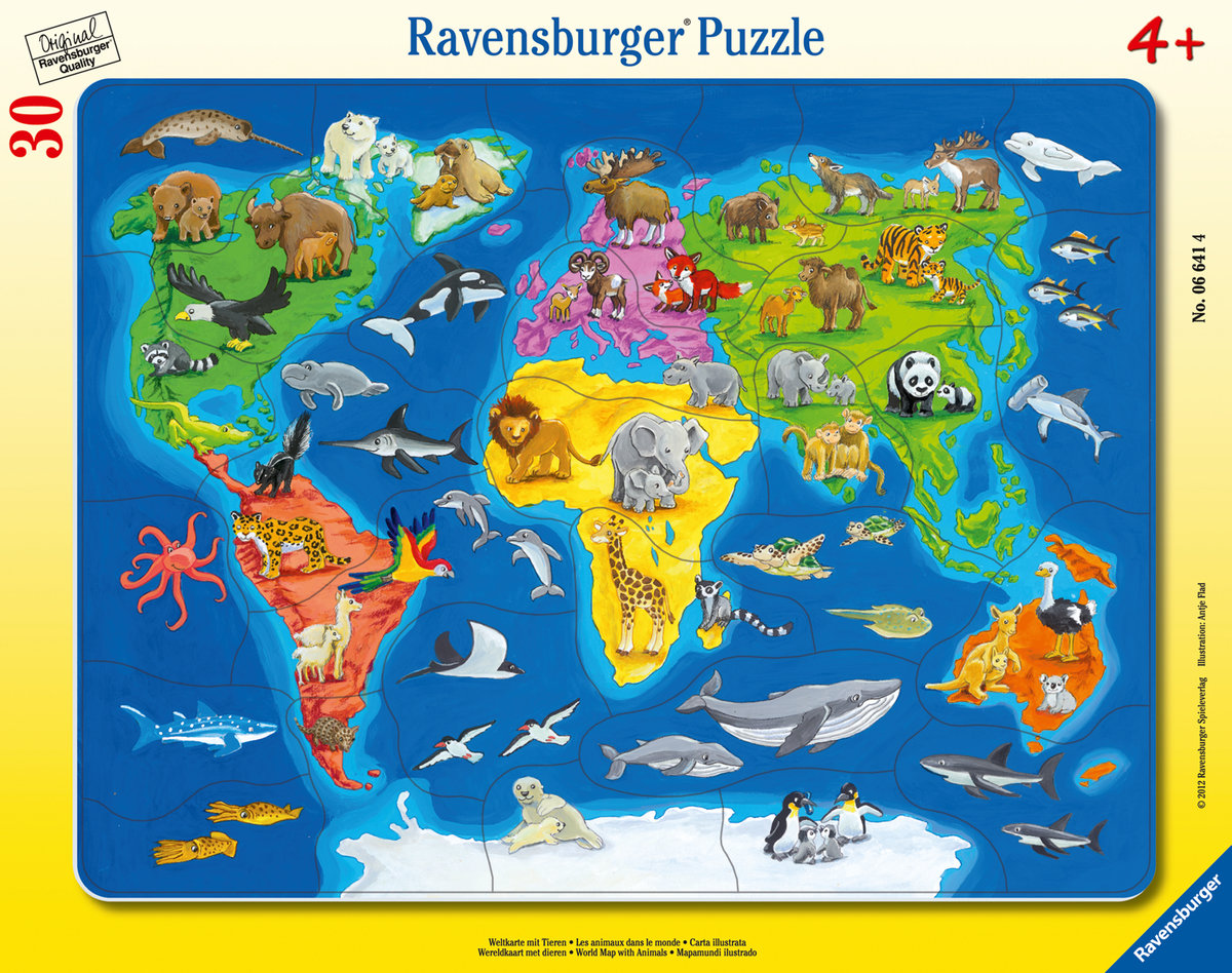 Ravensburger Kinderpuzzle - 06641 Weltkarte mit Tieren - Rahmenpuzzle für Kinder ab 4 Jahren, mit 30 Teilen