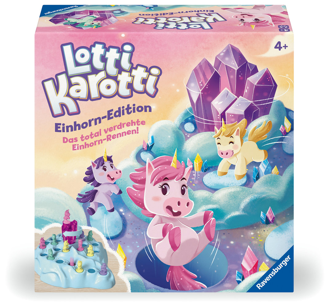 Ravensburger 22580 - Lotti Karotti Einhorn-Edition, Adaption des bekannten Spiele-Klassikers mit Einhörnern, unterhaltsames Wettlaufspiel für 2 bis 4 Kinder ab 4 Jahren