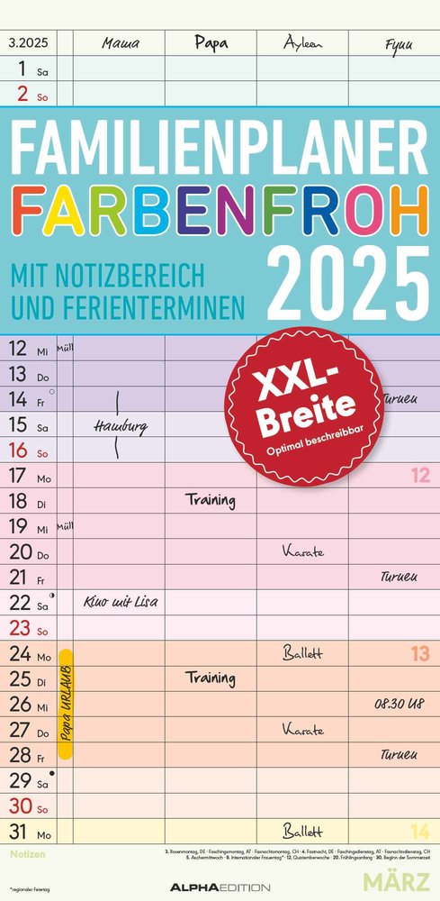 Familienplaner Farbenfroh 2025 mit 4 Spalten - Familien-Timer 22x45 cm - Offset-Papier - mit 