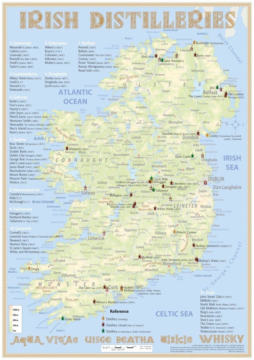 Whiskey Distilleries Ireland - Poster 42x60cm Standard Edition. 1:925'000