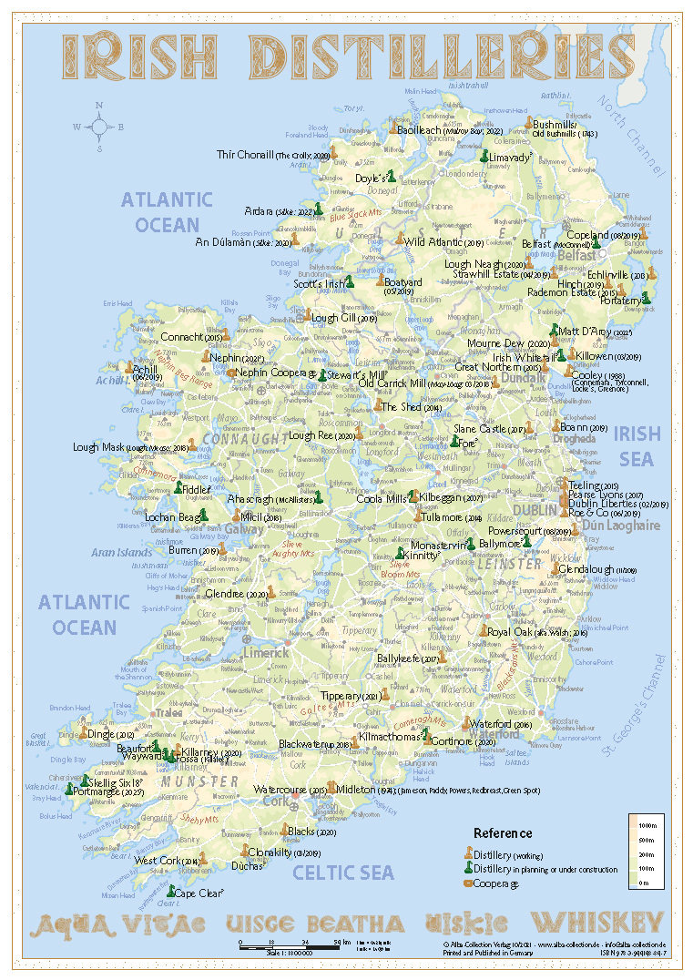 Whiskey Distilleries Ireland - Tasting Map. 1:1'800'000